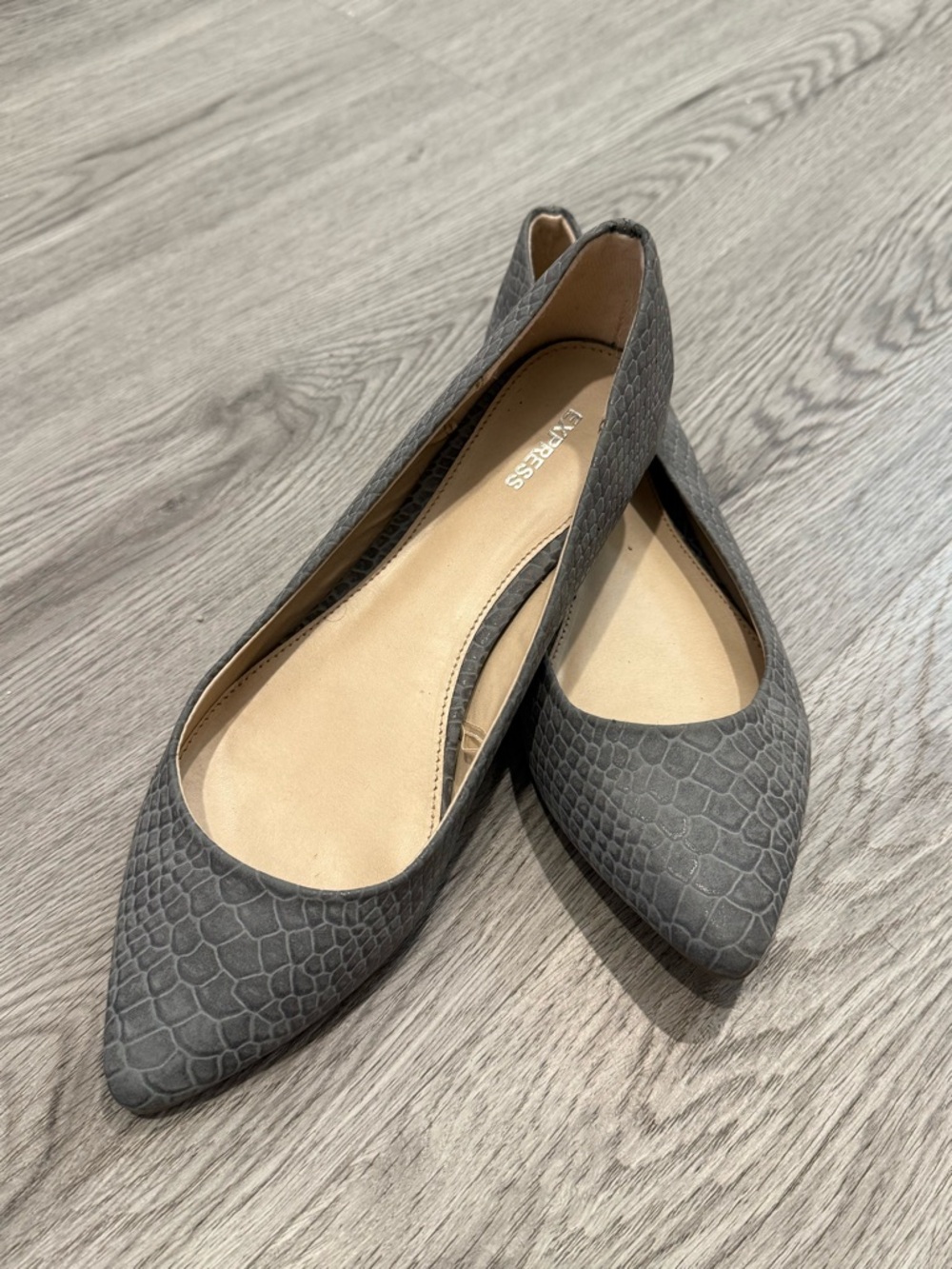 Express Gray Pointed-Toe Ballet Flats with snake skin design